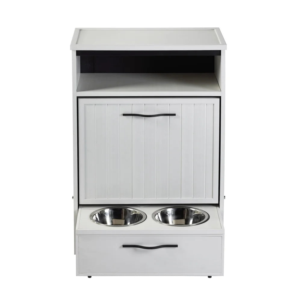 Eco-Friendly Dog Food Pantry with Double Stainless Steel Bowls Space Saving Design Holds 25 lbs Dry Food Easy Assembly Hygienic