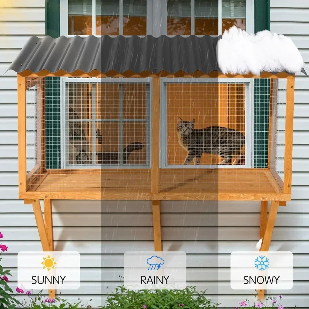Cat Catio, Wall-Mounted Window Enclosure for Indoor Cats, Expandable Wooden Small Pet Perch House, Secure and Cozy Outdo