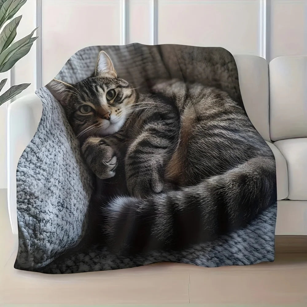 1pc Soft Cozy Cat Print Flannel Blanket - Lightweight Portable All-Season Throw for Travel, Camping, Sofa & Bed, Contemporary St