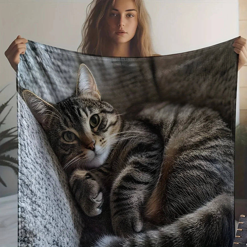 1pc Soft Cozy Cat Print Flannel Blanket - Lightweight Portable All-Season Throw for Travel, Camping, Sofa & Bed, Contemporary St