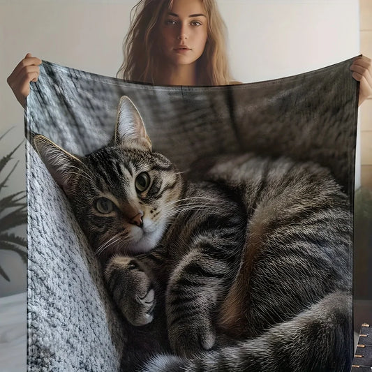 1pc Soft Cozy Cat Print Flannel Blanket - Lightweight Portable All-Season Throw for Travel, Camping, Sofa & Bed, Contemporary St