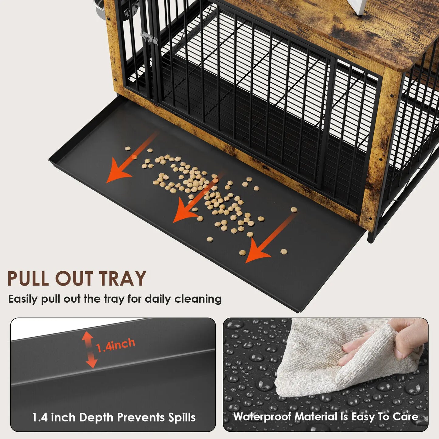 Furniture Style Dog Crate,Wooden Heavy Duty Dog Kennel with Adjustable Raised Feeder for Dogs 2 Stainless Steel Bowls Brown/Gray