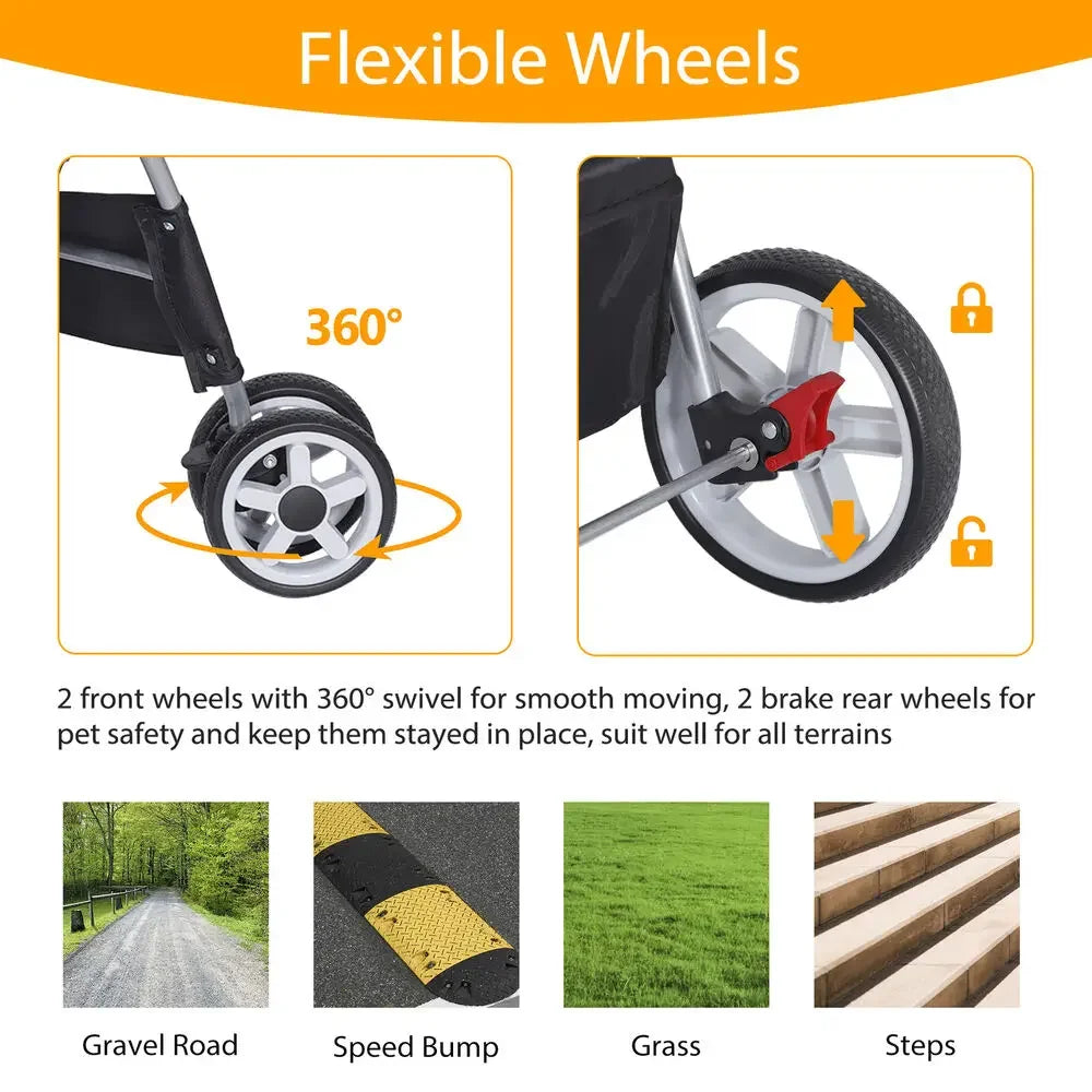 Dog Stroller Pet Travel Carriage Safe 4 Wheeler with Foldable Carrier Cart