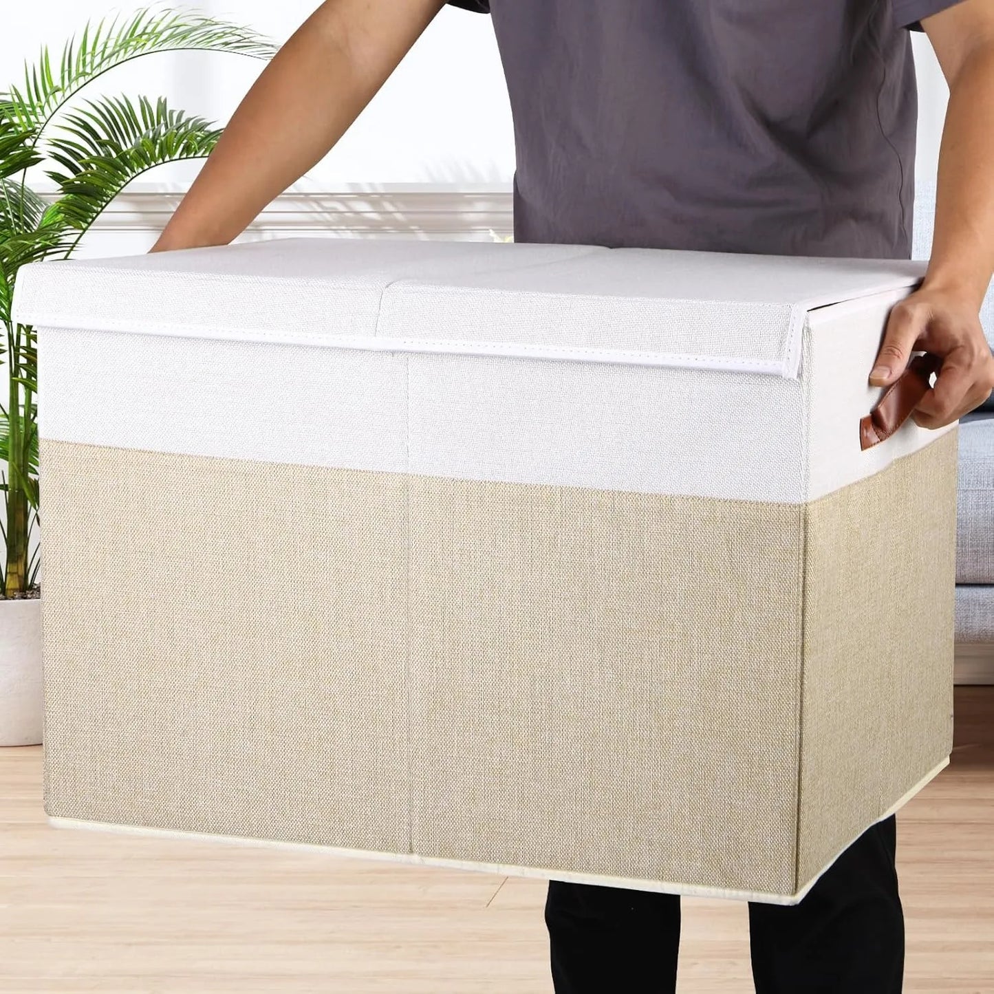Pawfect Playtime Chest – Large Pet Toy Organizer Box with Lid, Sturdy Toys Storage Chest Bin Organizer Basket with Dividers, 26"x17" x17" (Beige and White)