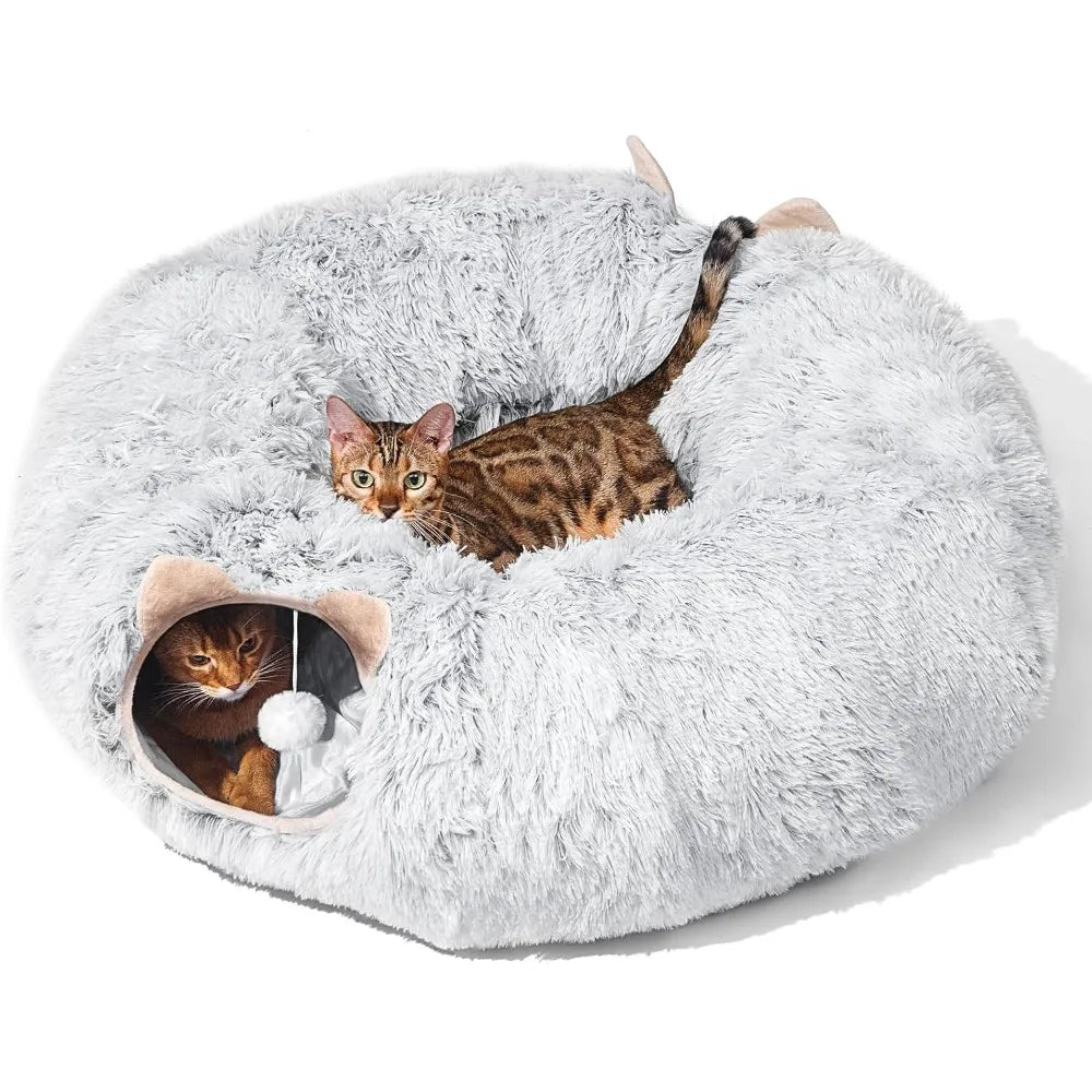 Cat Tunnel Bed – Plush Donut Cave for Indoor Cats, Fits Under Christmas Tree – Grey