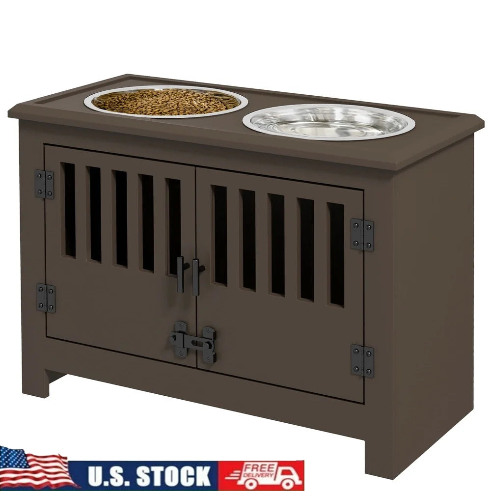 Dog Food Storage Cabinet with Elevated Feeding Station and Removable Stainless Steel Bowls Large Dogs Espresso
