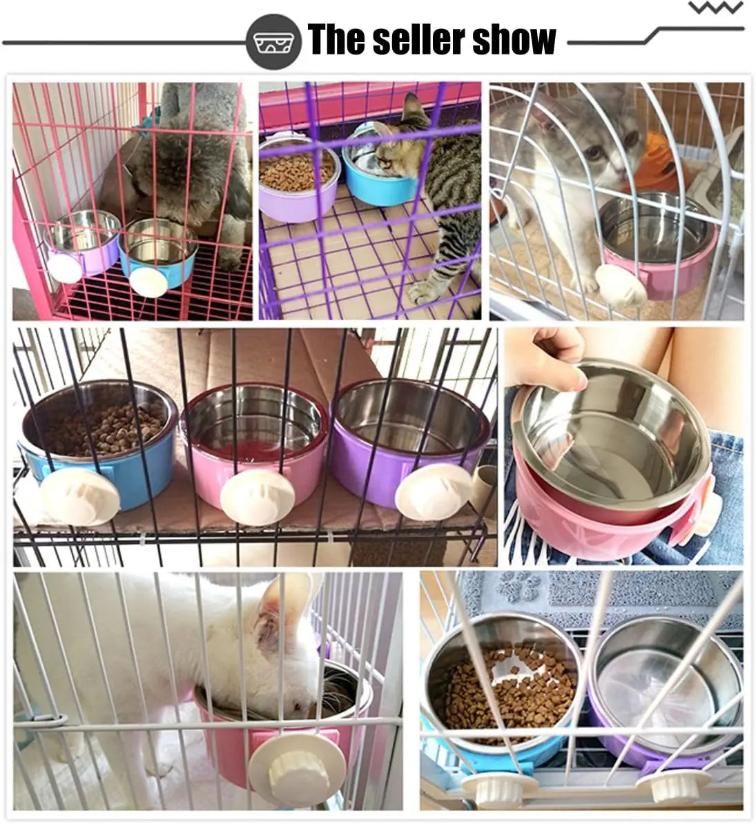 Removable Stainless Steel Pet Bowl - Lockable Food/Water Dish for Dog Cat Cage, Puppy, Rabbit, Bird (Large, Pink, 2-in-1 Design)