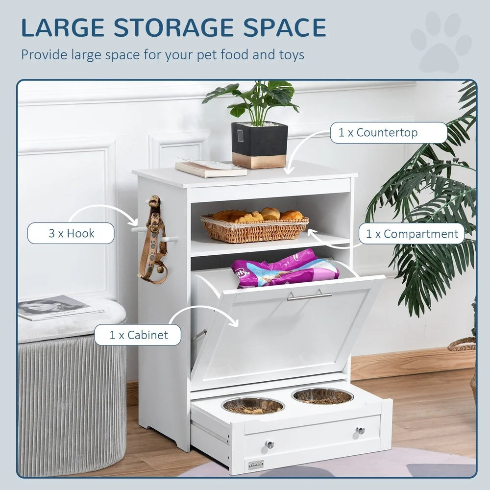 Pet Feeder Station Storage Cabinet with Raised Bowls Hanger Dog Food Toys Leashes Easy Clean Pet Supplies Organizer