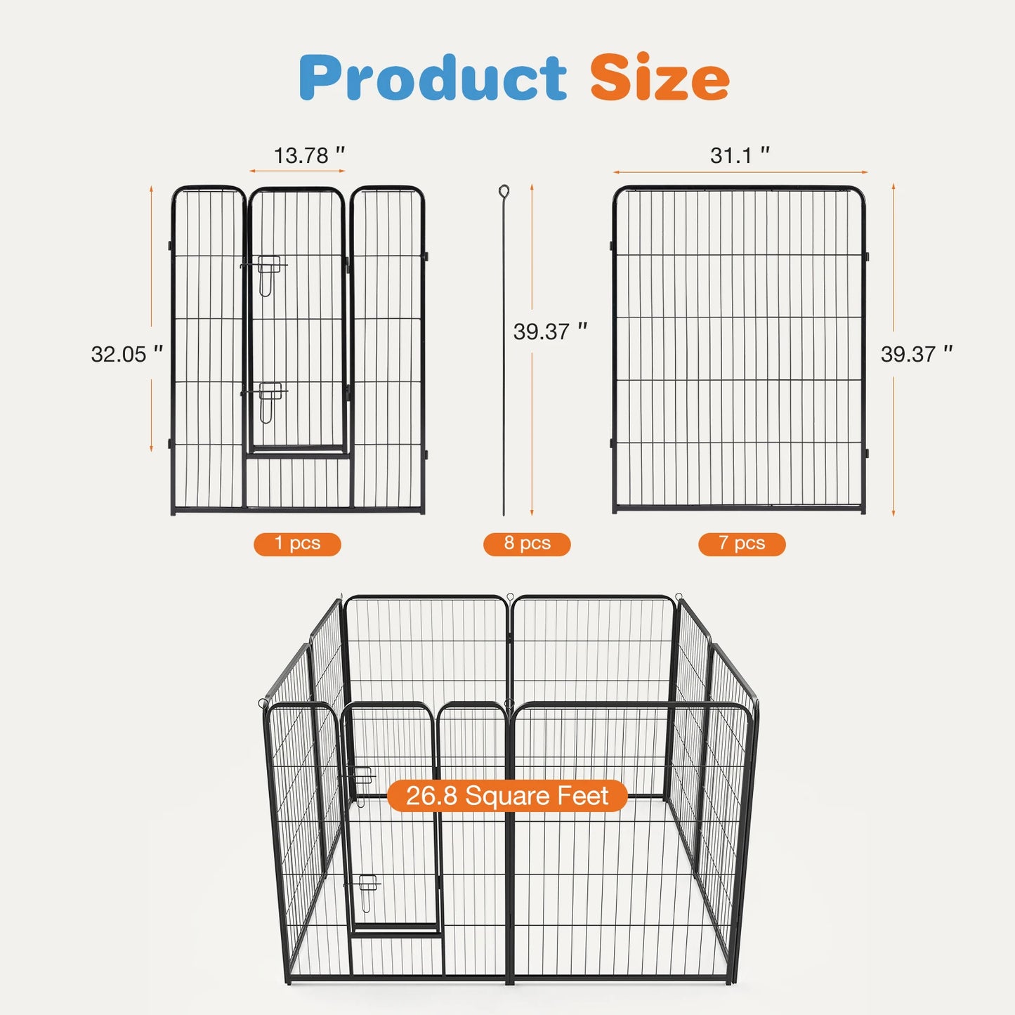 8 Panel Dog Playpen Indoor Pet Fence Exercise for Yard Gate Heavy Duty Crates with Doors Metal Dog Pen for Camping Outdoor