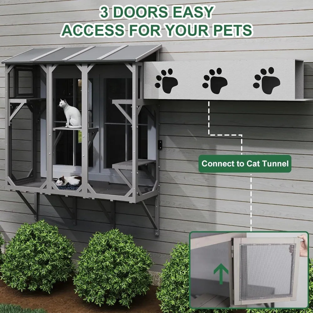 Cat Catio, Expandable Window Box Enclosure for Multiple Indoor Cats, Comfortable Wooden Small Pet Perch House, All-Weather Use