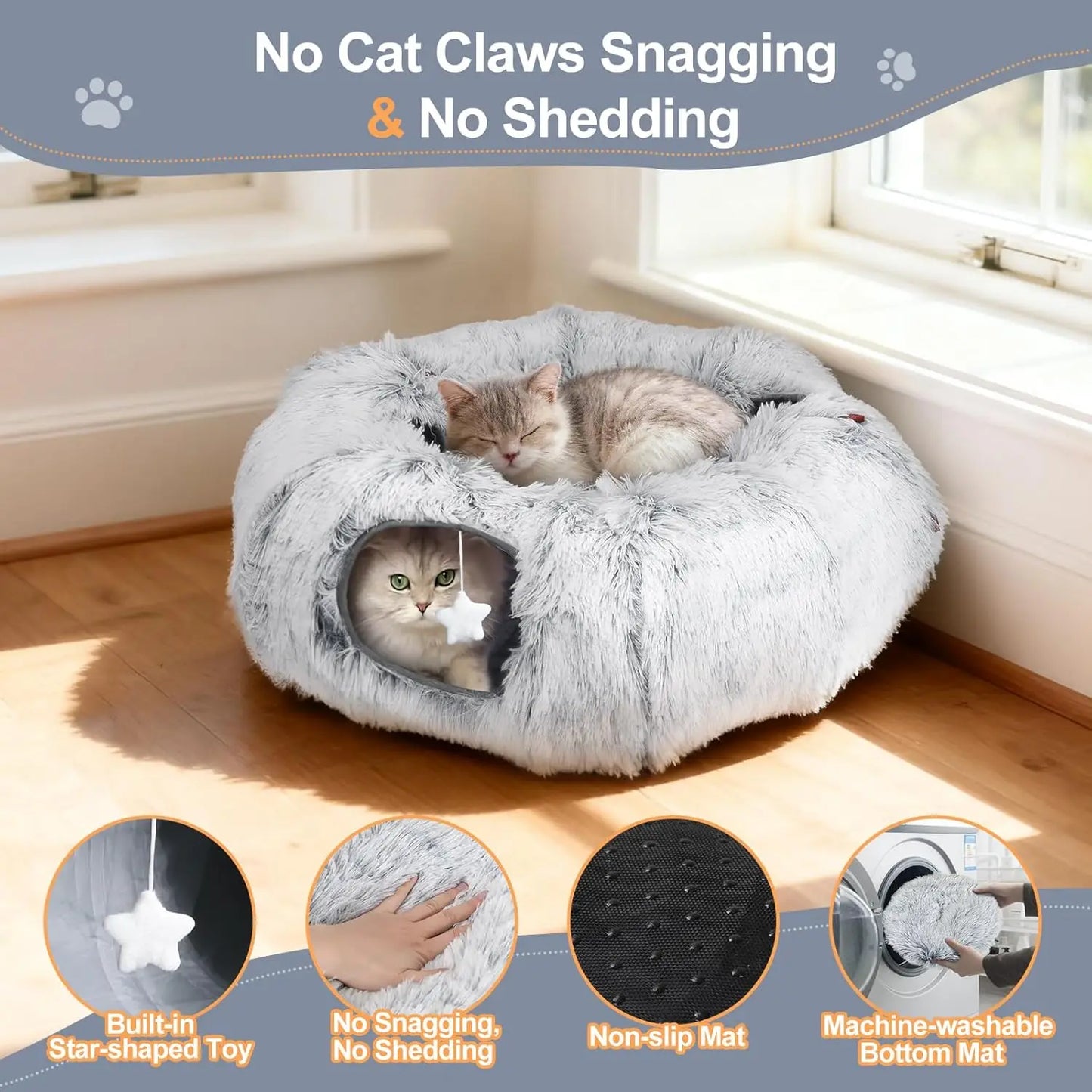 Cat Tunnel Bed – Washable Donut-Style Christmas Tree Skirt for Indoor Cats – Soft & Warm – Grey