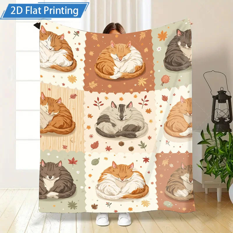 1pc Flannel Blanket Cute Sleeping Cats Blanket Autumn Leaves Pattern Soft Cozy Throw for Couch Bed Home Decor
