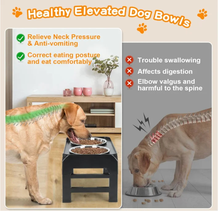 2 Thick 50oz Stainless Steel Food Bowls 4 Height Adjustable Raised Bowl Foldable Pet Rack Dog Food Bowl Feeding Black