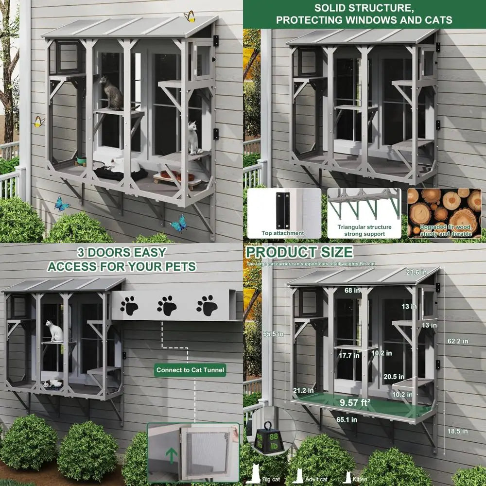 Expandable Window Cat Enclosure for Multiple Indoor Cats, Weather-Resistant Wooden Perch House for Small Pets