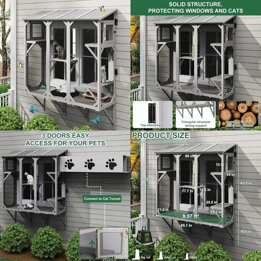 Expandable Window Cat Enclosure for Multiple Indoor Cats, Weather-Resistant Wooden Perch House for Small Pets
