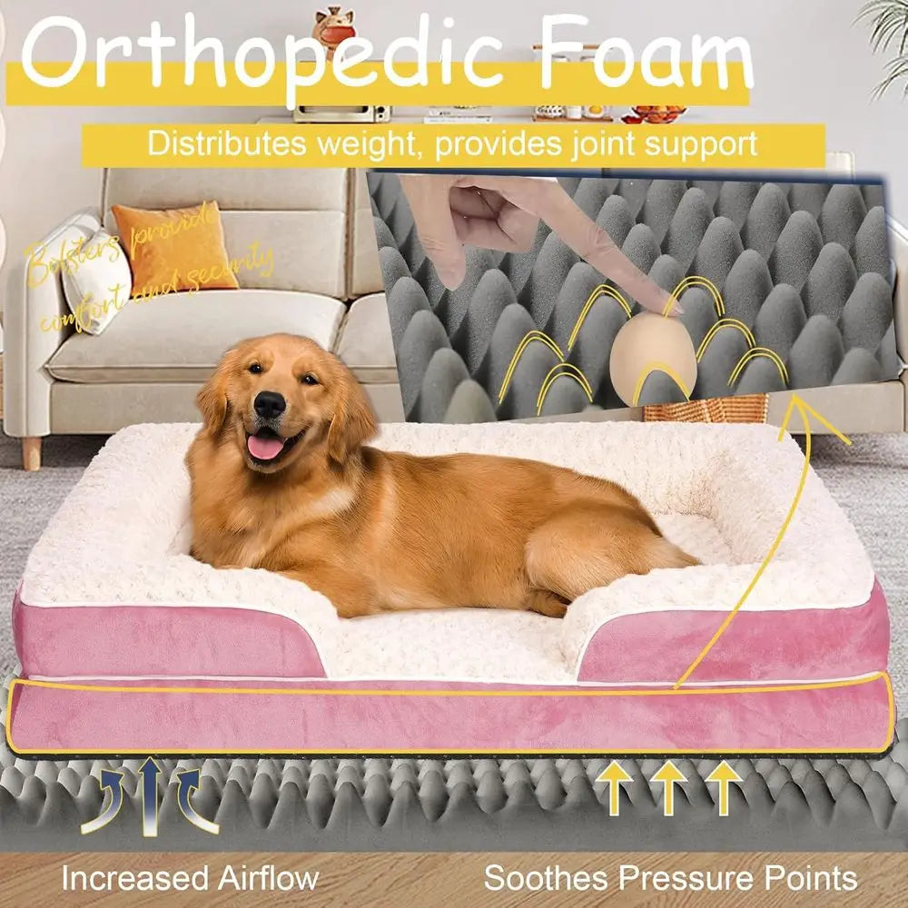 Extra Large Orthopedic Memory Foam Dog Bed, Washable & Waterproof Cover, XL Pink Pet Sofa