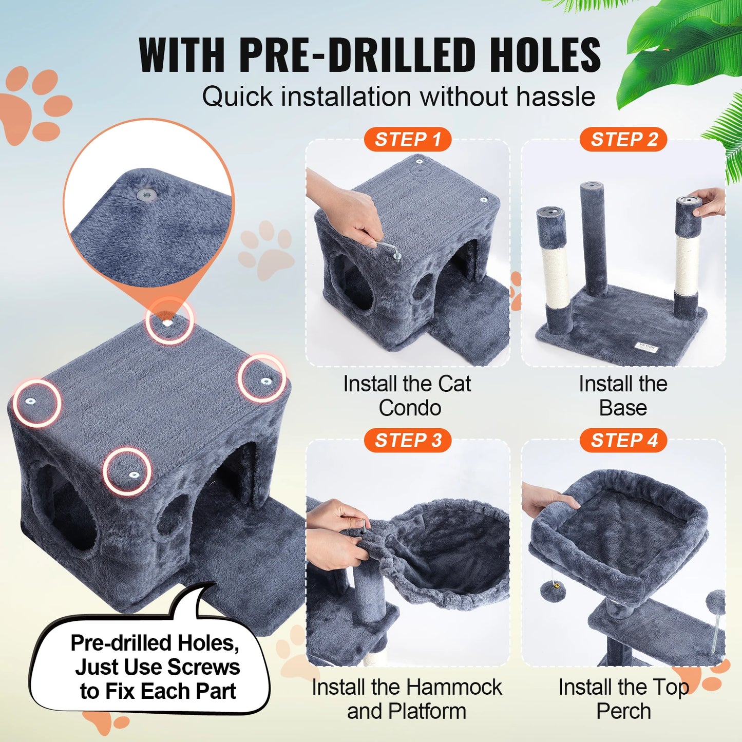 Cat Tree for Indoor Cats 45.2" Cat Tower with Cat Condo Sisal Scratching Post Hammock Top Perch Jumping Platforms Dark Grey