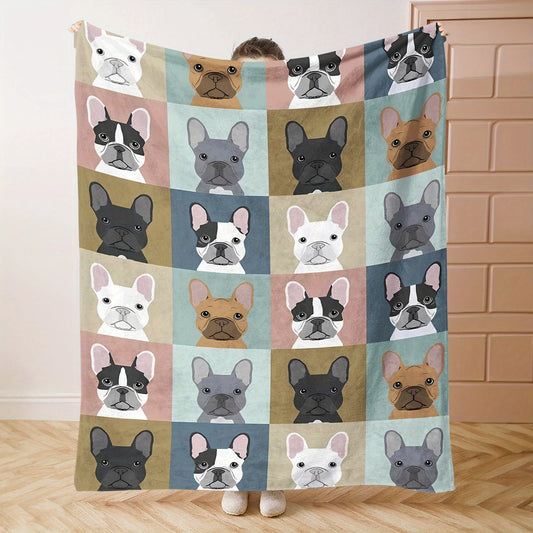 French Bulldog Puzzle Pattern Flannel Throw Blanket - Soft Mid-Century Style Digital Print Knitted Polyester, All-Season Cozy