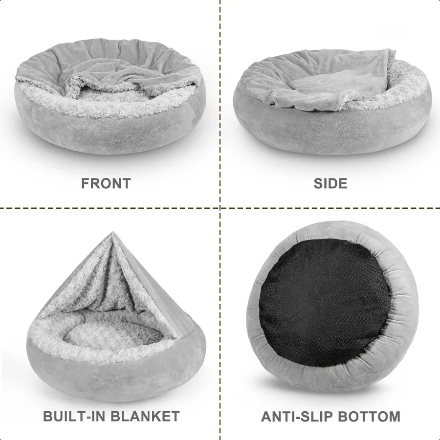 Small Dog Bed Cat Bed with Hooded Blanket Cozy Cuddler Luxury Puppy Pet Bed Donut Round Calming AntiAnxiety Dog Burrow Cave Bed