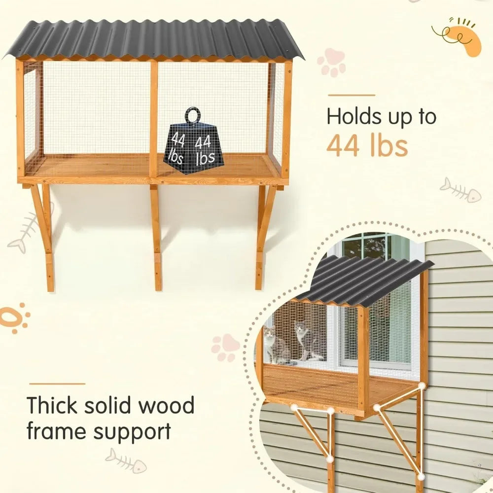 Cat Catio, Wall-Mounted Window Enclosure for Indoor Cats, Expandable Wooden Small Pet Perch House, Secure and Cozy Outdo