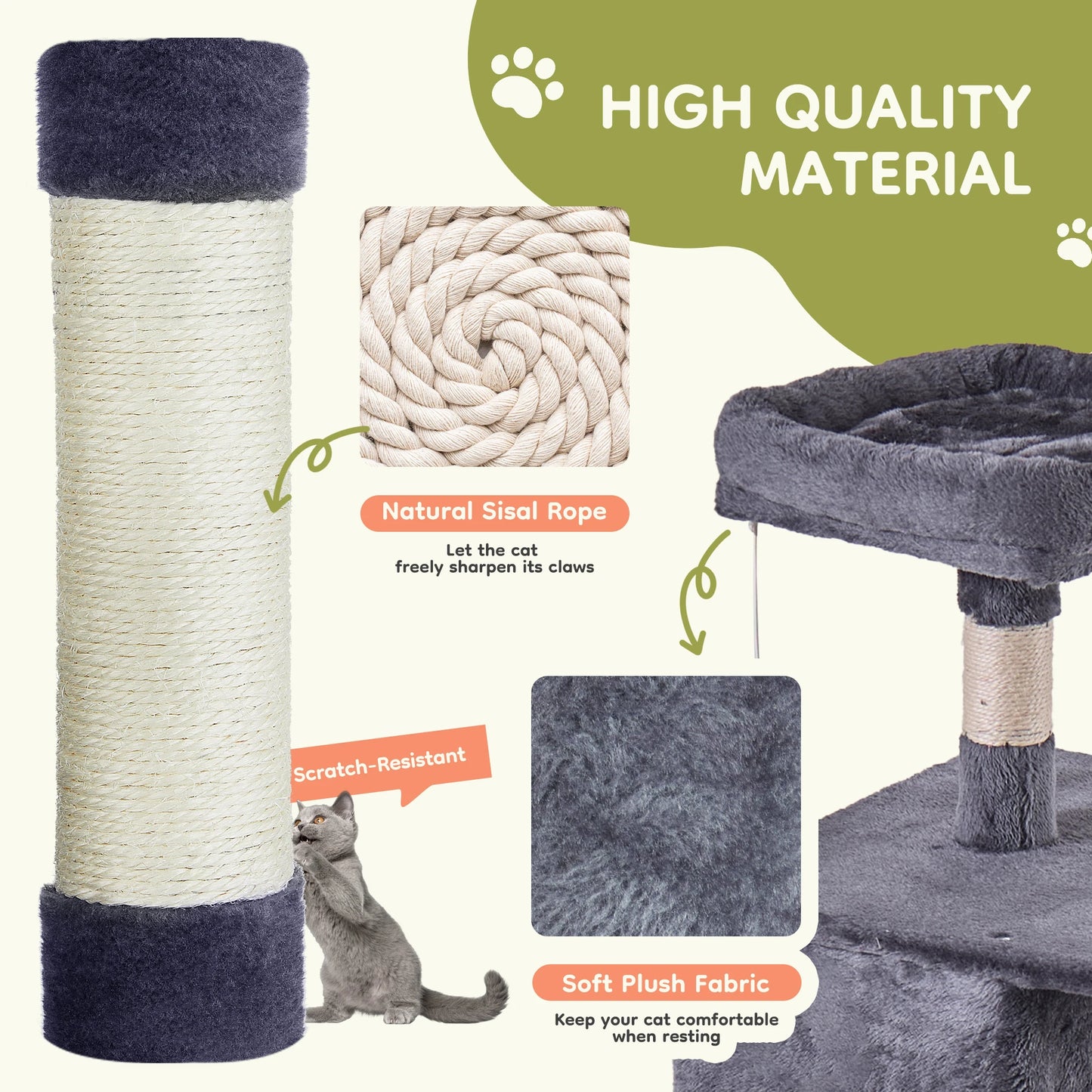 66 inch Cat Tree Tower Large Multi Level Cat Climbing Tower with Condo Natural Sisal Scratching Posts Pet House for Indoor