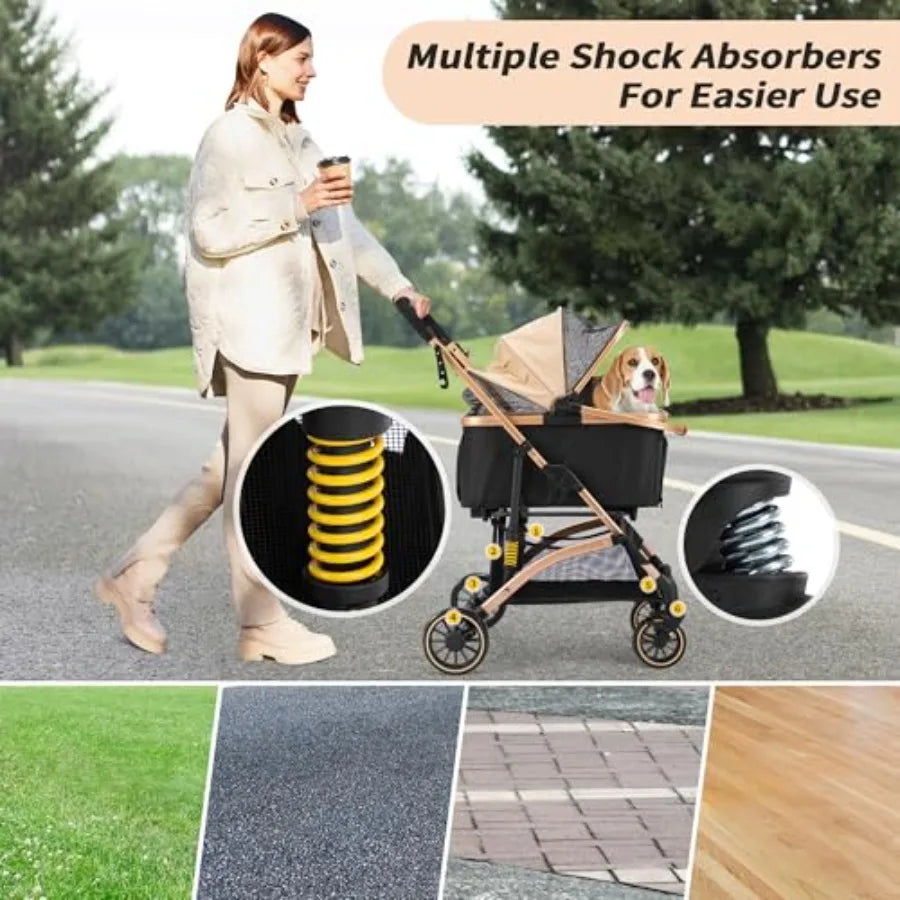 Dog Stroller for Pets One Hand Fold Puppy Stroller with 6 Shock Absorbers Removable Cabin Storage Basket 4 Wheels Dual Brakes R