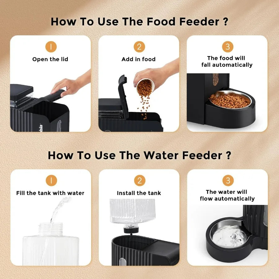 2 in 1 Automatic Gravity Cat Feeder and Water Dispenser with 304 Stainless Steel Bowls 180 Degree Rotatable Water Bowl for Cont