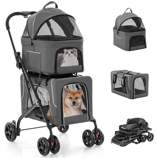 Double Dog Stroller for 2 Dogs, Detachable Carriers, Safety Belt, 4 Lockable Wheels, Pet Travel Carrier Strolling Cart