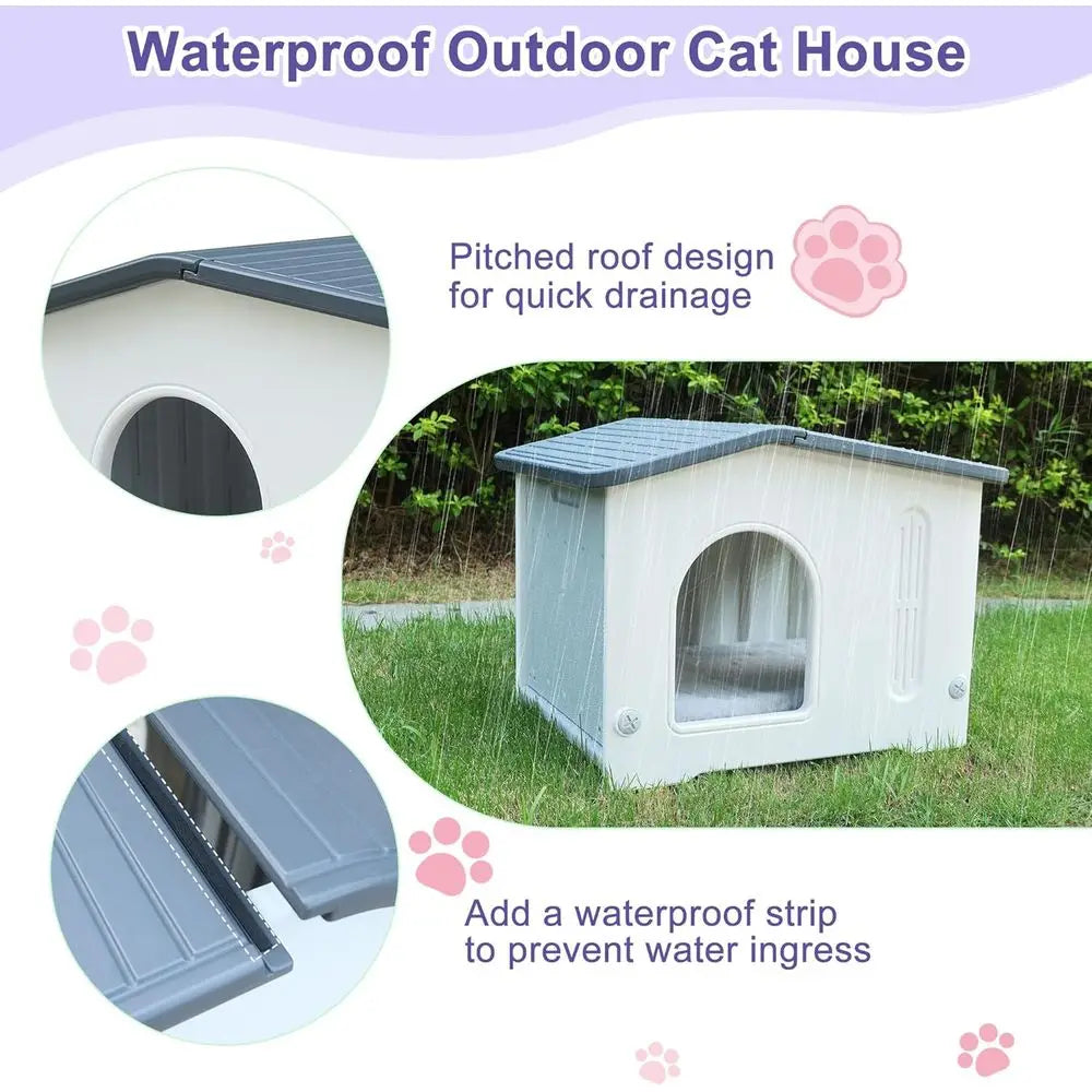 Weatherproof Indoor/Outdoor Plastic Cat House with Escape Hatch, Soft Mat, and Easy Assembly - Grey