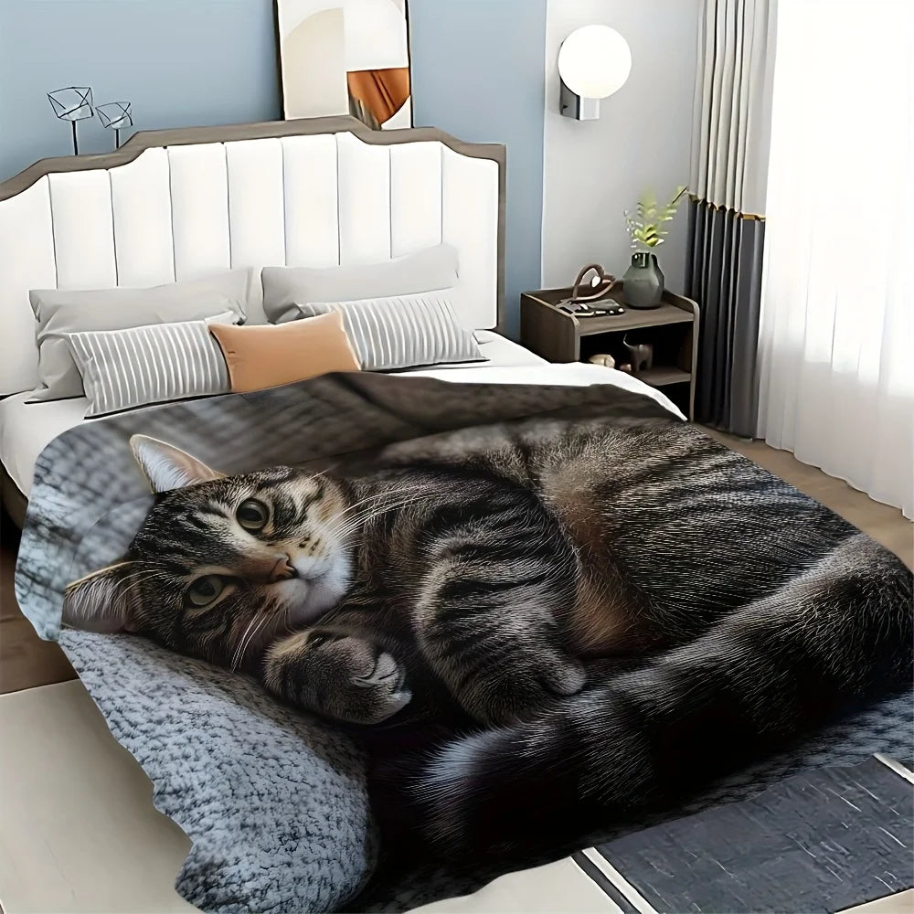 1pc Soft Cozy Cat Print Flannel Blanket - Lightweight Portable All-Season Throw for Travel, Camping, Sofa & Bed, Contemporary St