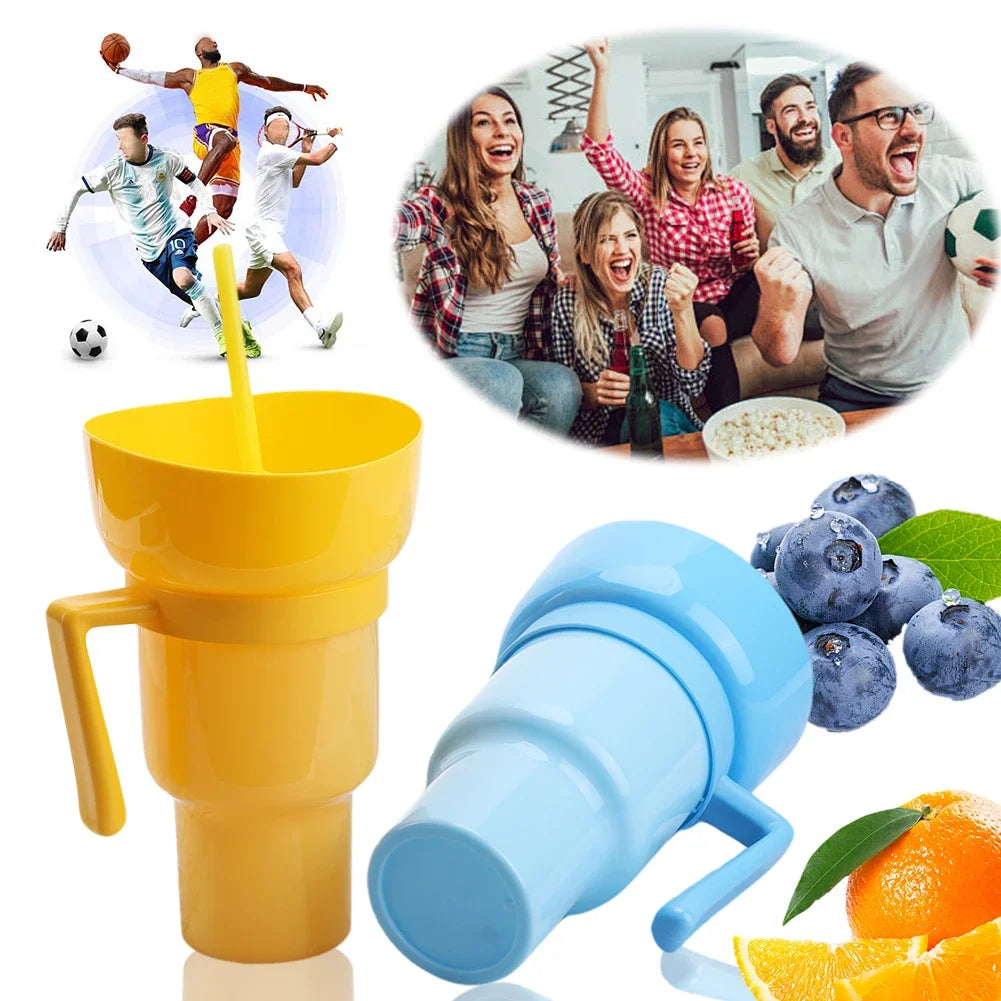 1000ml Cup and Bowl Combo Multifunction Stadium Tumbler Snack and Drink Cup 2 In 1 with Straw & Handle for Cinema Home Travel