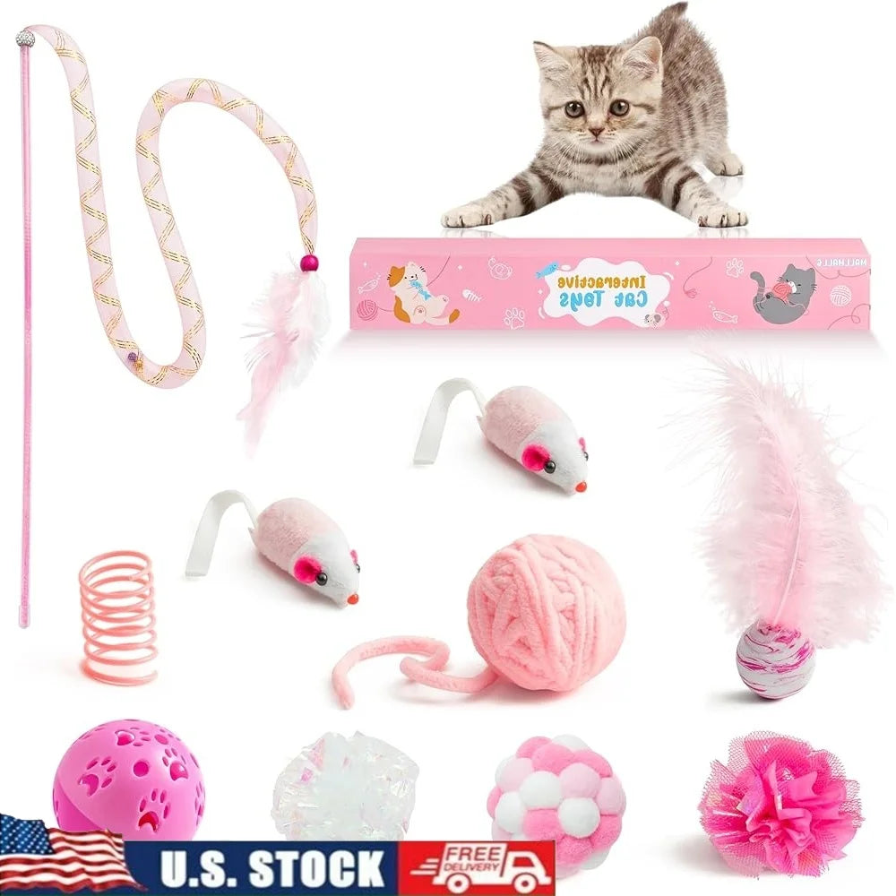 10Pcs Interactive Cat Toy Set Teaser Wand Mice Bell Balls Crinkle Balls Springs Indoor Play Cats