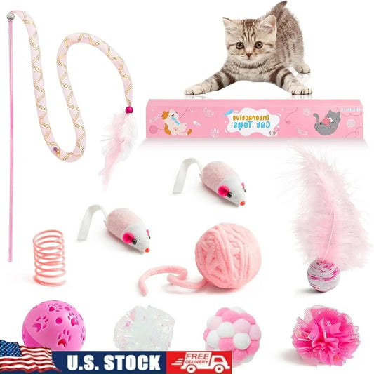 10Pcs Interactive Cat Toy Set Teaser Wand Mice Bell Balls Crinkle Balls Springs Indoor Play Cats