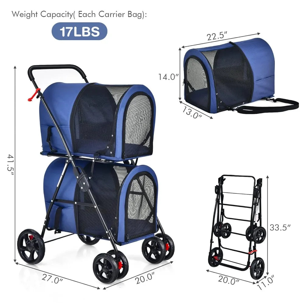 Double Pet Stroller with 2 Removable Carrying Bags, Safety Strap, 4 Lockable Wheels, Foldable Cat and Dog Stroller