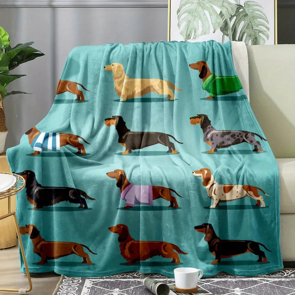 1pc Dachshund Dog Blanket - Soft Blue Flannel Cozy Plush Throw with Adorable Dachshund Designs, All-Season Comfort for Adults &