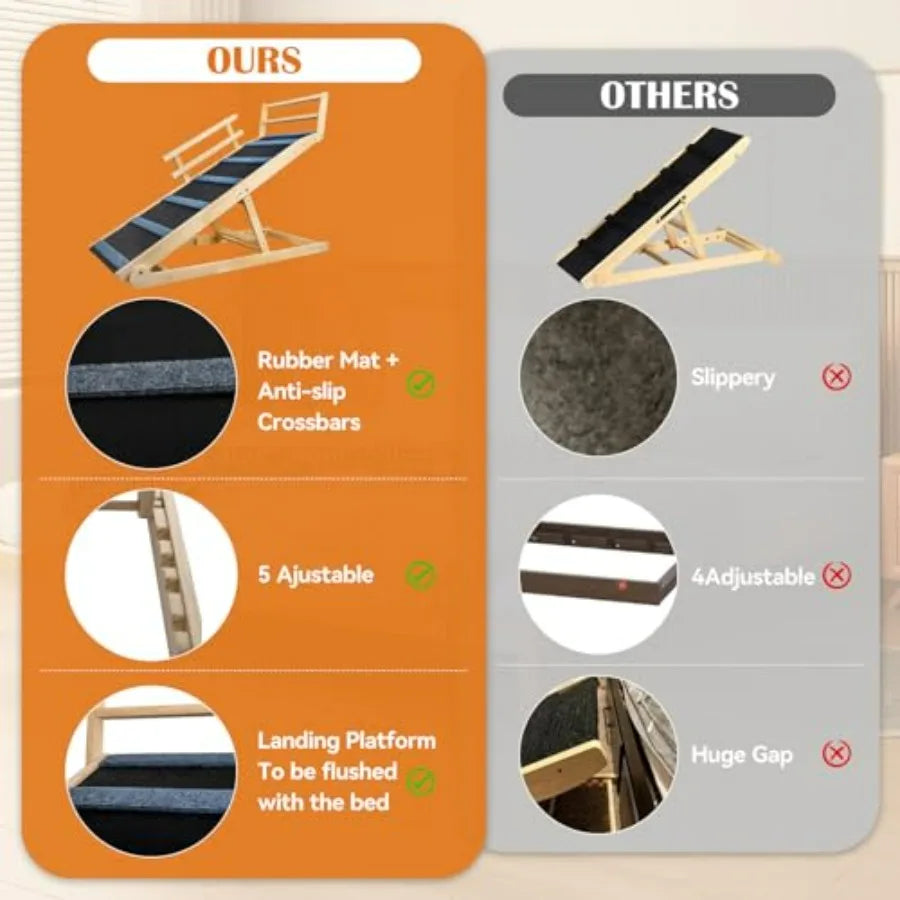 Wooden Dog Ramp for Bed 5 Level Adjustable Ramp for Dog Doulbe AntiSlip Pet Ramp with Rails