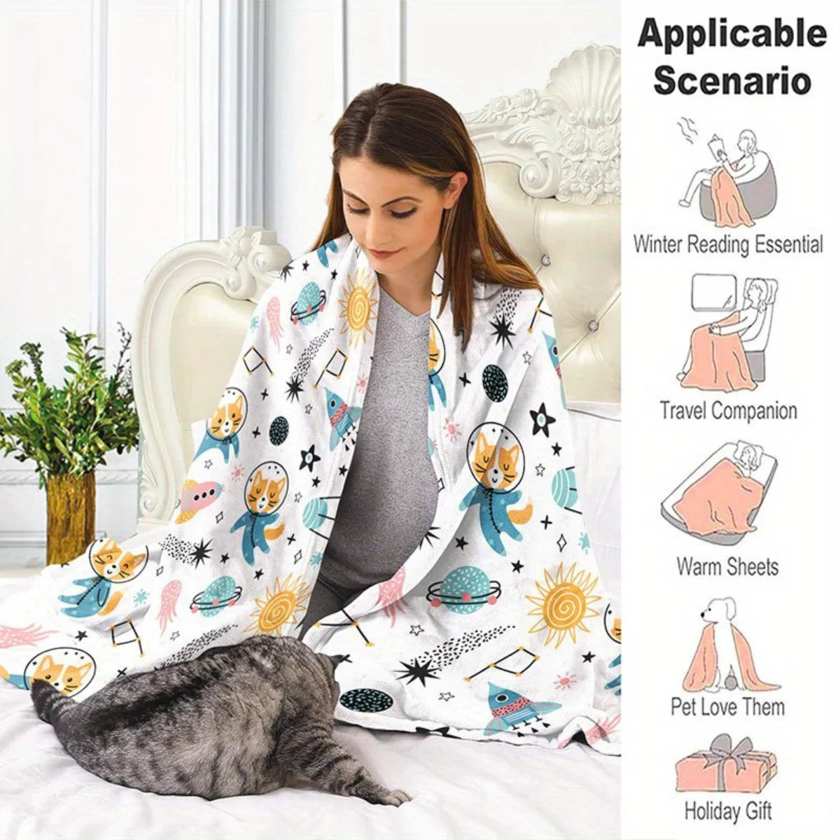 1 fluffy space cat and rocket print flannel blanket - warm and cozy, perfect for sofas, offices, beds, camping, and Christmas.