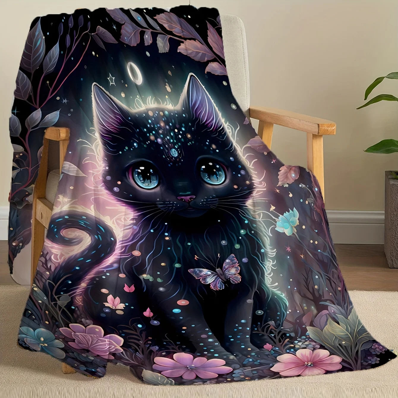 1pc Black Cat Super Soft Flannel Blanket, Lightweight Plush Throw, Warm Fleece Wrap for Sofa, Bed, Halloween Christmas Gift