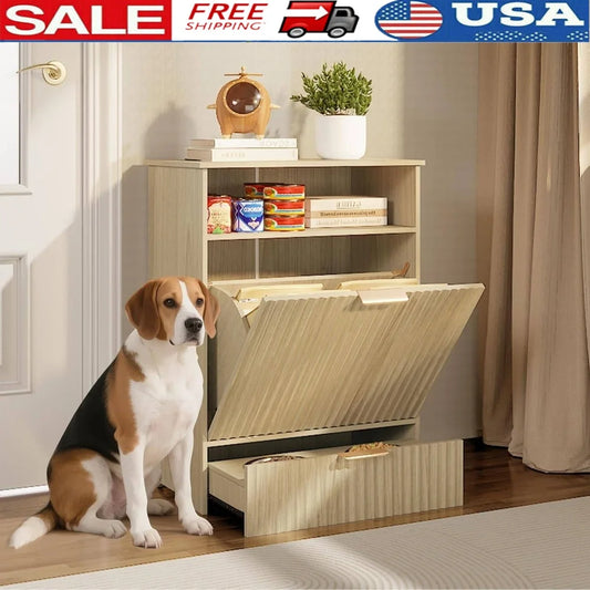 Elegant Dog Feeding Station with Elevated Bowls Storage Container Tilt-Out Food Cabinet Stylish Pet Feeder Supplies