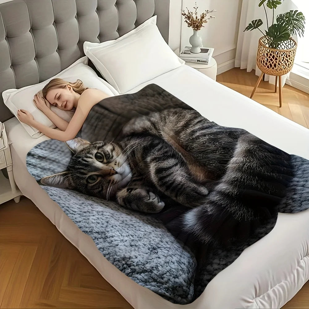 1pc Soft Cozy Cat Print Flannel Blanket - Lightweight Portable All-Season Throw for Travel, Camping, Sofa & Bed, Contemporary St