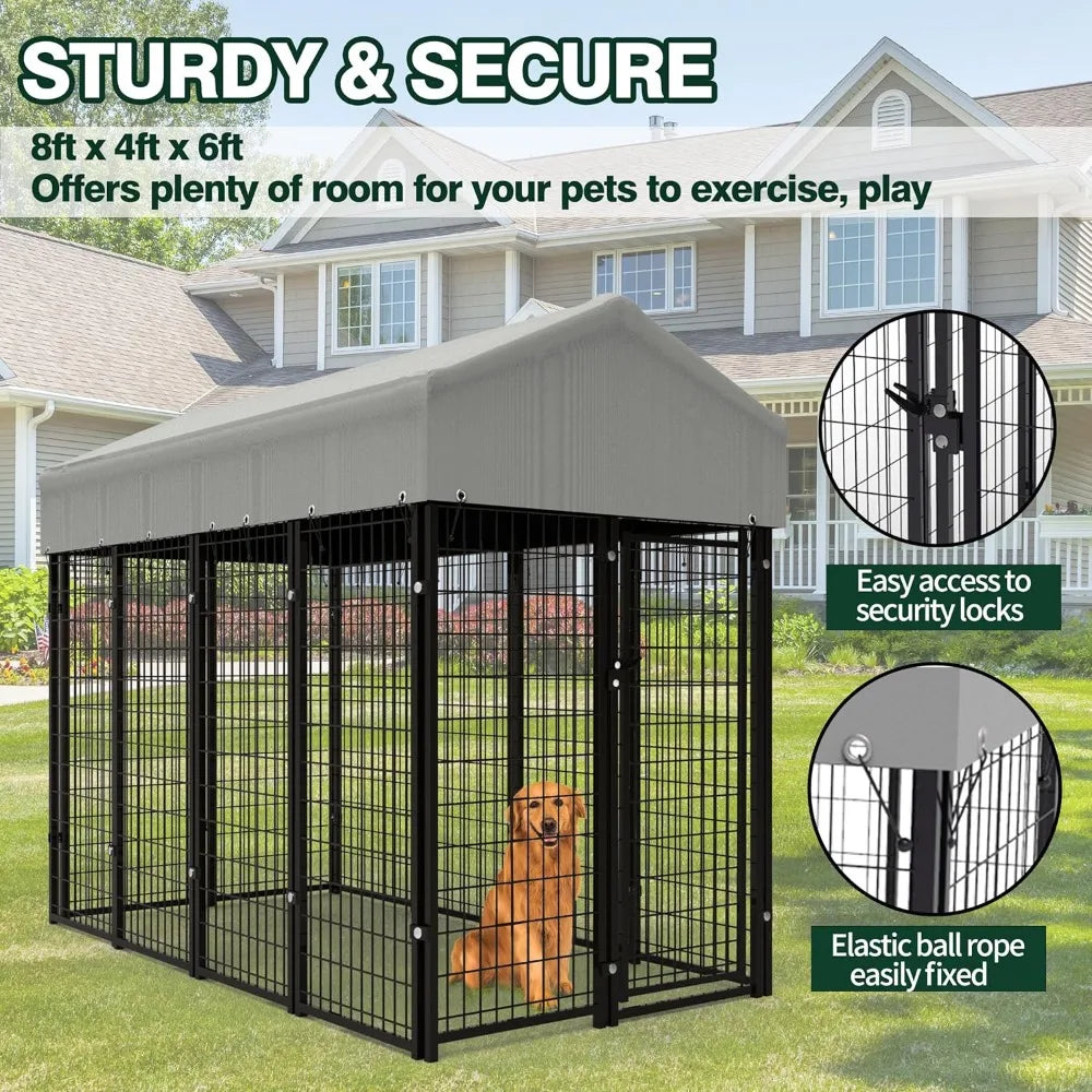 8x4x6 FT Outdoor Dog Kennel for Large Dogs, Heavy Duty Welded Wire Steel Dog Playpen Fence with Secure Lock, Pet Pen with UV-Res
