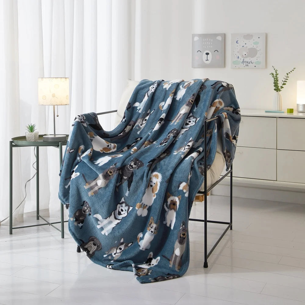 Cozy Plush Throw Blanket 50x60 Cute Dog Print Eco-Friendly Machine Washable Versatile Indoor Use Soft Warm Comfortable