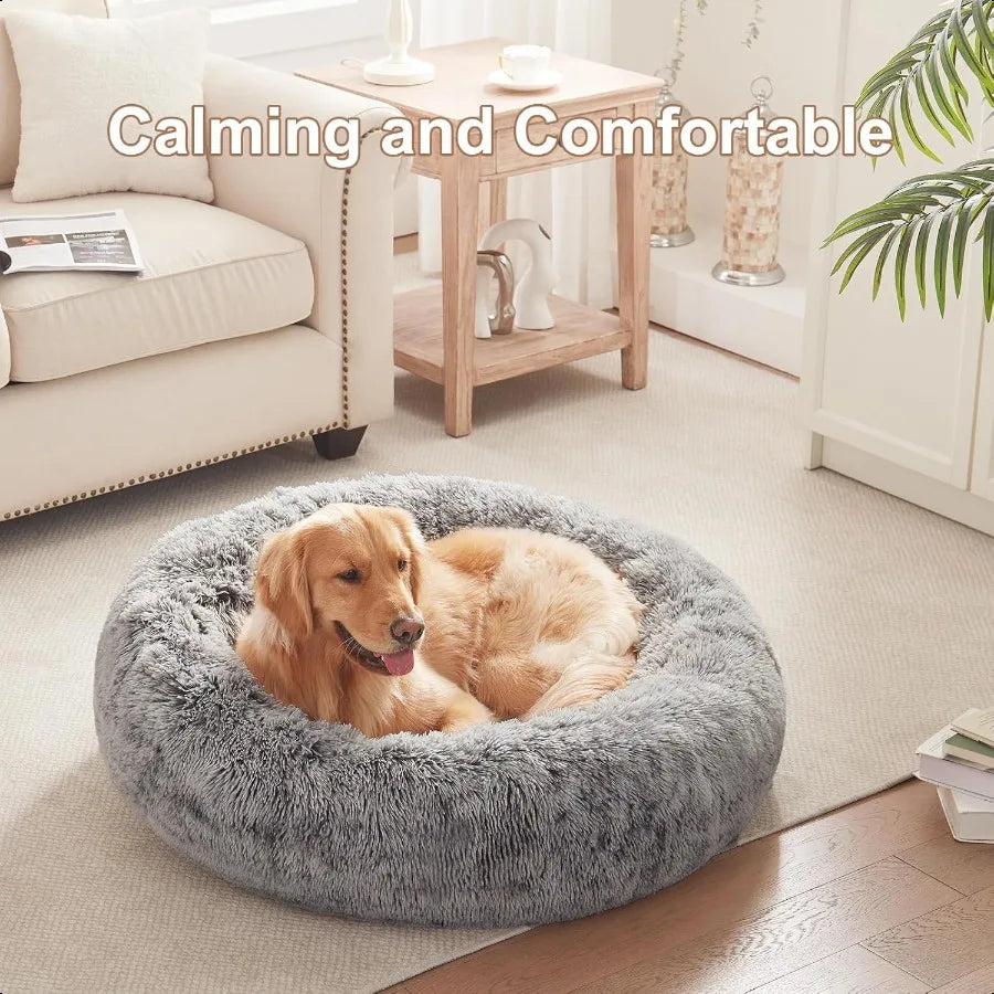 36 inches Donut Dog Bed for Large Dogs Calming Fluffy Round Pet Bed with Removable Washable CoverFits up to 80 lbs Pets Dark Gr