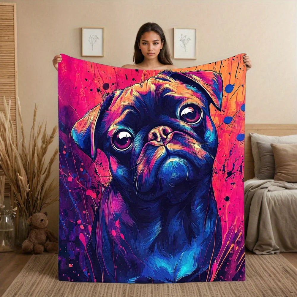 1pc Black Pug Dog Print Flannel Throw Blanket - Soft Cozy All-Season Neon Pug Art with Pink/Purple/Blue/Pink/Pink/Purple/Pink/Pi