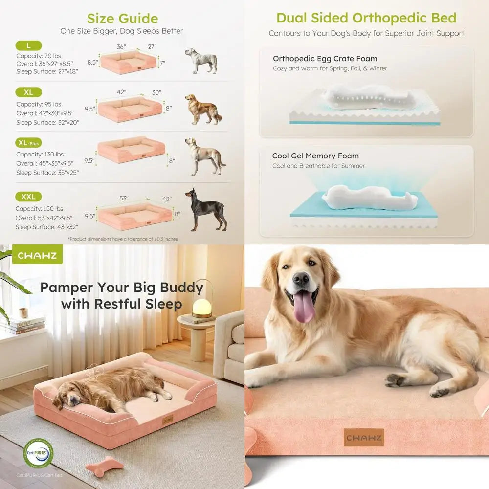 XL Orthopedic Cooling Gel Dog Bed with Waterproof Removable Cover, Peach Pink Sofa Couch, 42, Includes Bone Toy