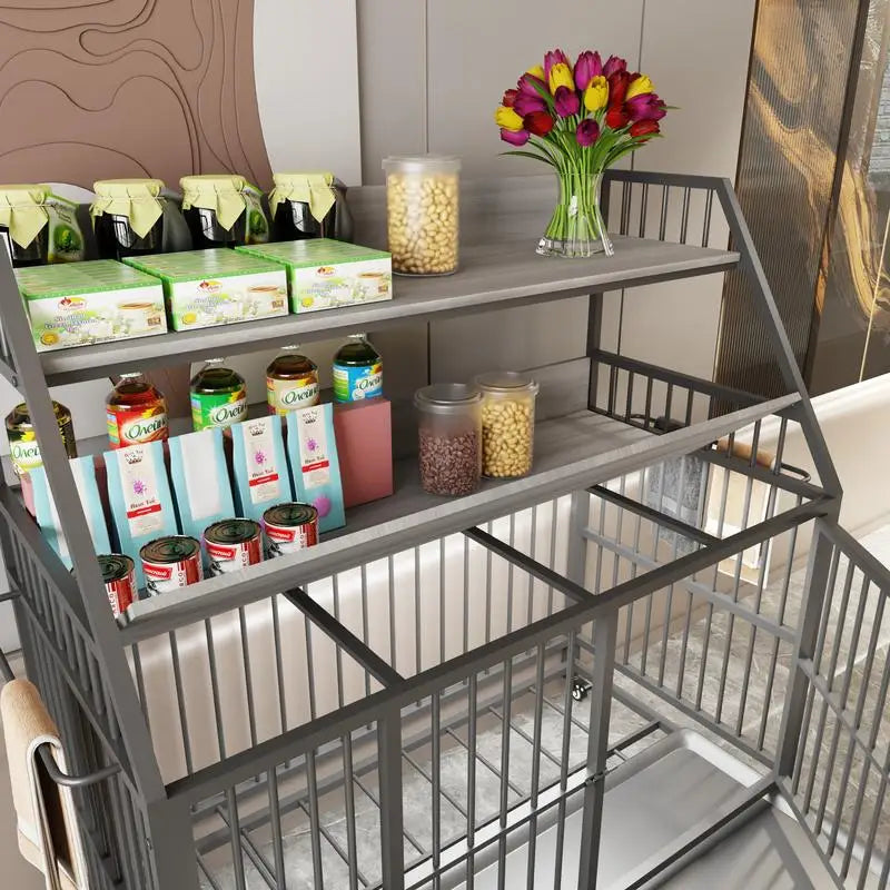Large Pet Cage with Storage Rack and Drawers, Stainless Steel Food and Water Bowls, Double-Layer Iron Frame and MDF Storage,