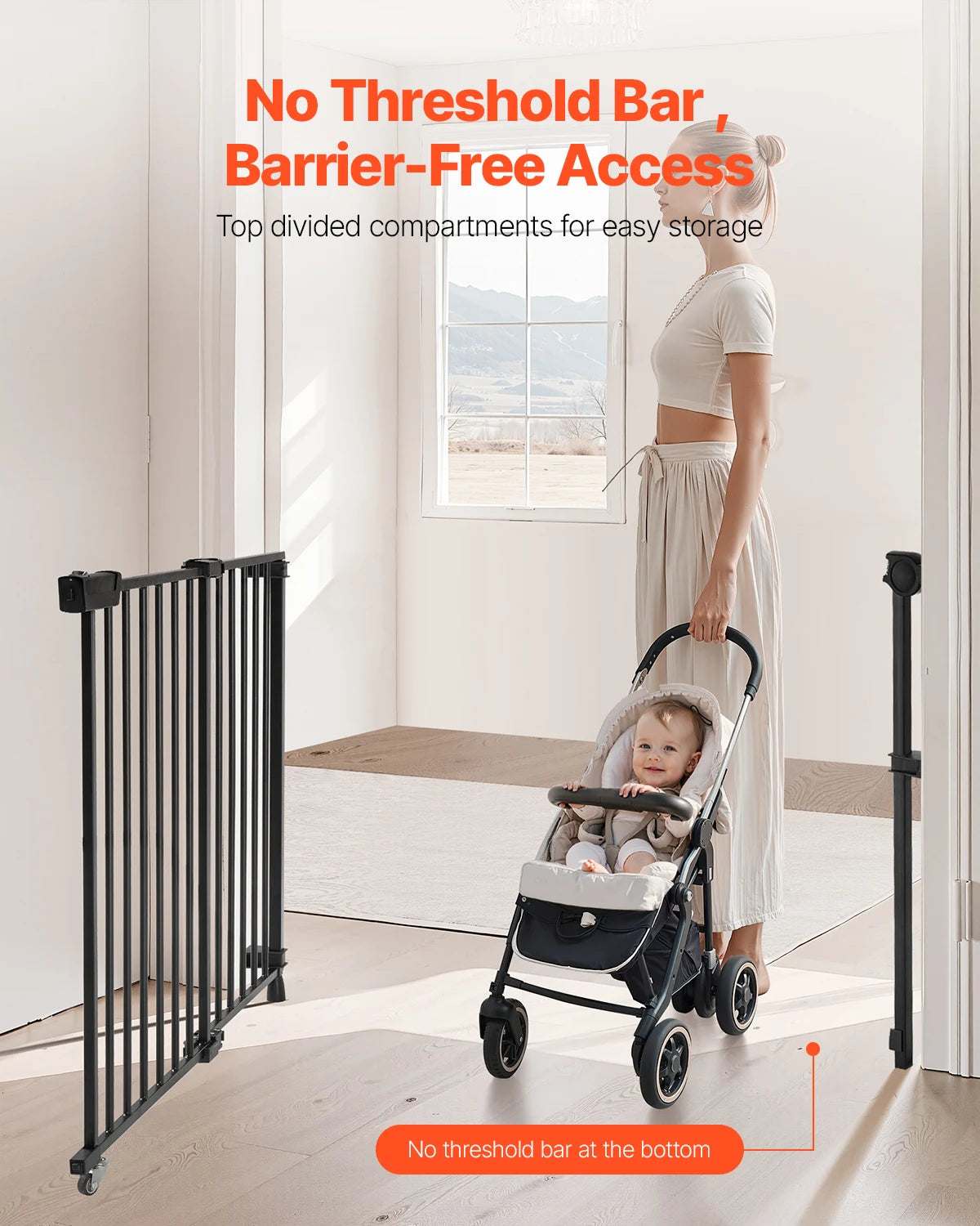 Baby Gate 29.5-43 Inches Adjustable Width 28 Inches High Dog Gate No Threshold Bar Easy Step Walk for Child Pet Security