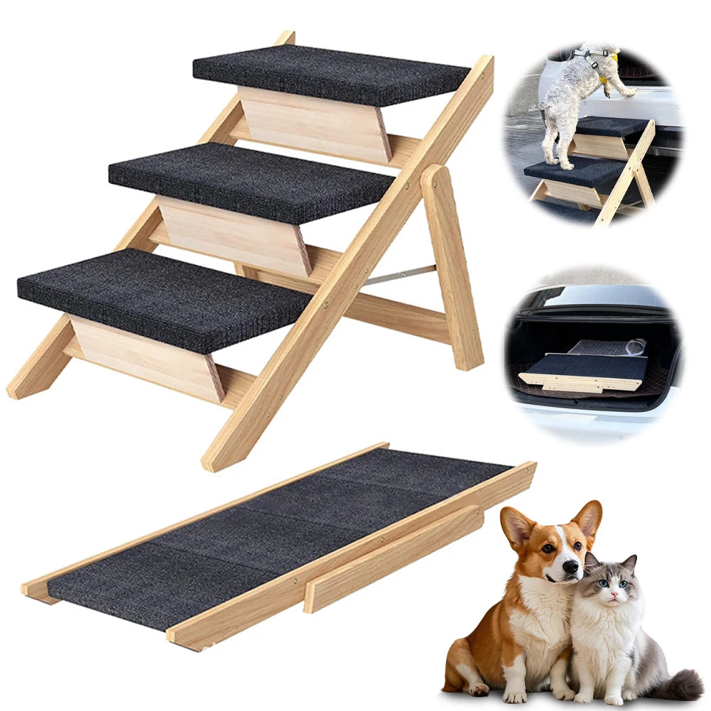 Outdoor Steps Wooden Cat Climbing Ladder Foldable Portable Pet Ladder Non-slip Carpeted Ramp Ladder for Small Animals Climbing