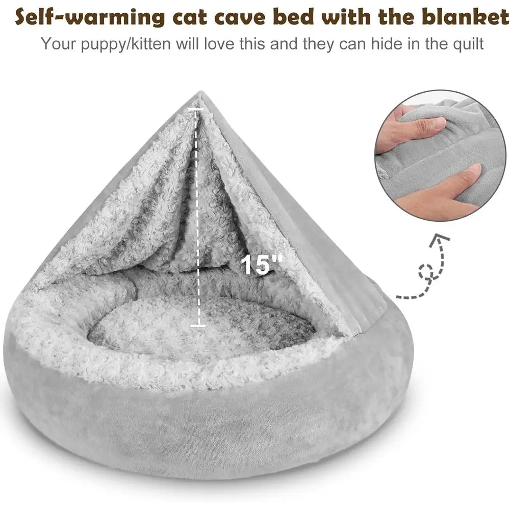 Small Dog Bed Cat Bed with Hooded Blanket, Cozy Cuddler Luxury Puppy Pet Bed, Donut Round Calming Anti-Anxiety Dog Burrow Cave B