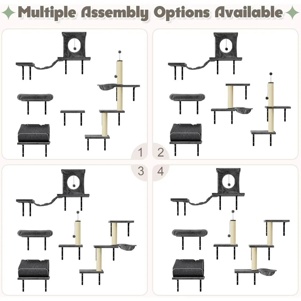 7-in-1 Wall Mounted Cat Climber Set, Cat Furniture Set with House, Bridge, Tree, Steps, Scratcher, DIY Playground, Shelves for